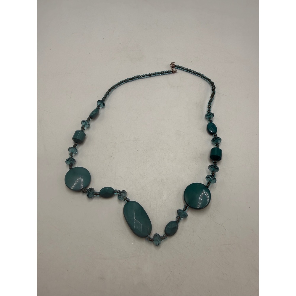 Teal Blue Chunky Beaded Necklace Geometric Resin Faceted Glass Statement 20 In
